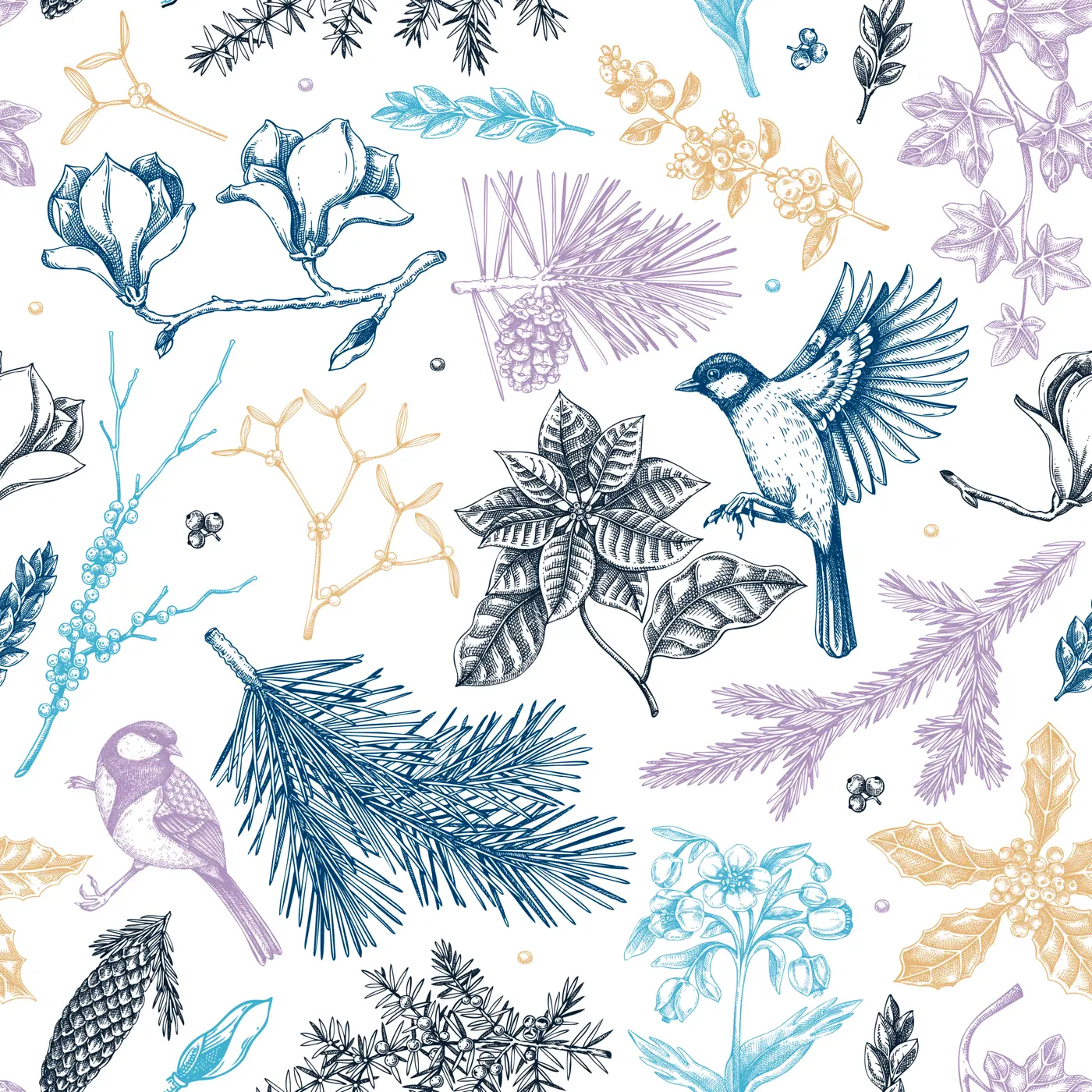  Winter garden seamless pattern. Christmas background. Winter flowers, conifer tree, bird sketches. Hand drawn vector illustration. NOT AI generated Illustration
